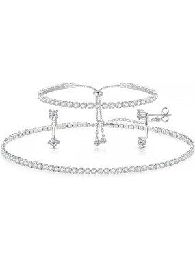 Elegant Tennis Jewelry Set for Women - Diamond Necklace, Bracelets & Earrings